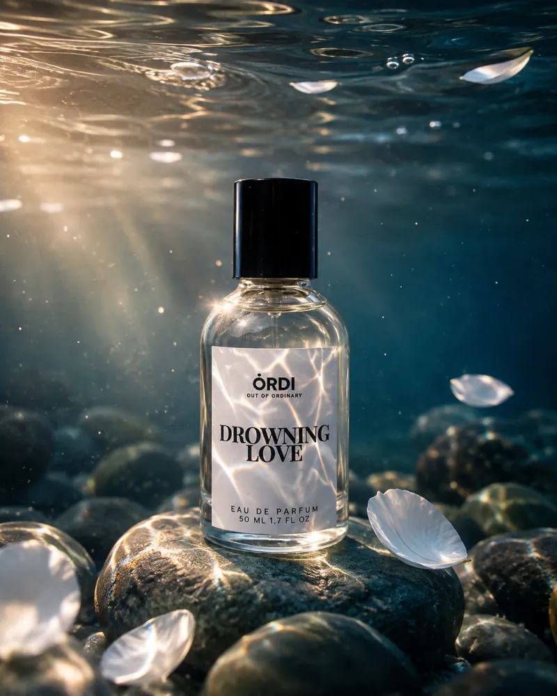 DROWNING LOVE 50ml eau de parfum on its campaign set